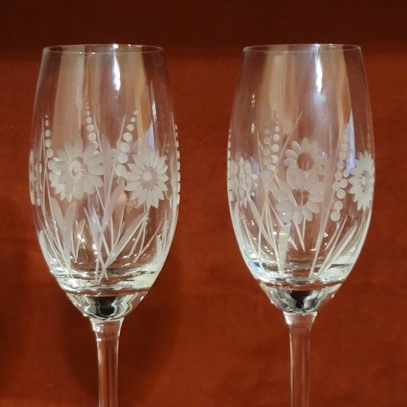 Set of 3 Champagne Wine Clear Glasses with Etched Flowers Vintage - Picture 3 of 4